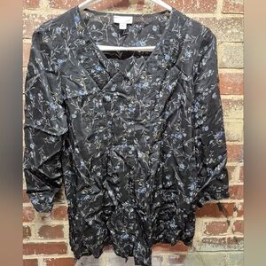 J. Jill Women's Black Blue Floral Print 3/4 Sleeve Blouse Top Tunic XS